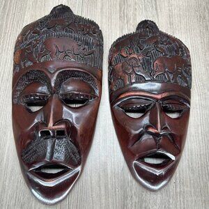 Vintage Wall Hanging Decorative Hand Carved Wood African Tribal Masks Pair Brown
